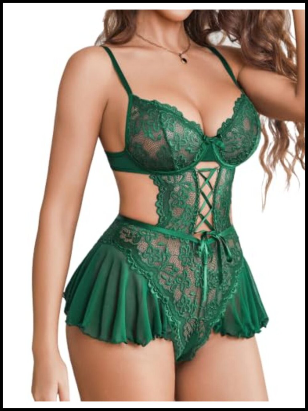 Lace Teddy Bodysuit Ruffle Hem Chemise Sleepwear